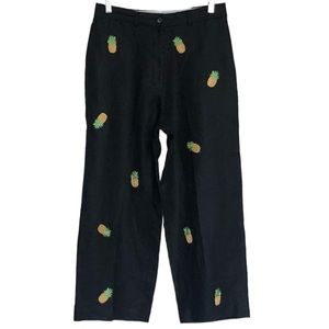 Deane & White Pineapple Embroidered Crop Linen Wide Leg Pants Sz 10